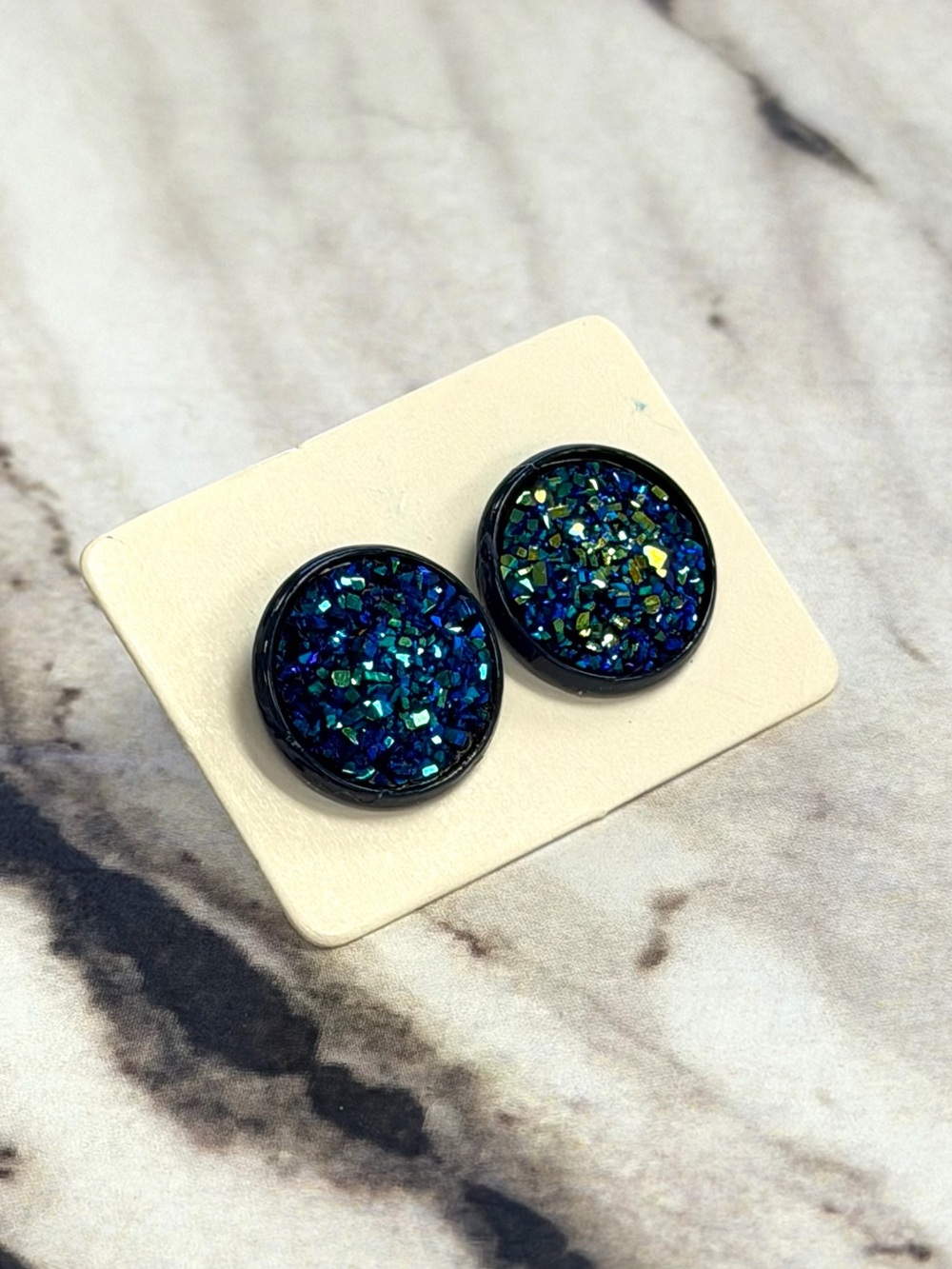 Royal Blue Iridescent Druzy Round on navy Stud Earrings - Women Jewelry